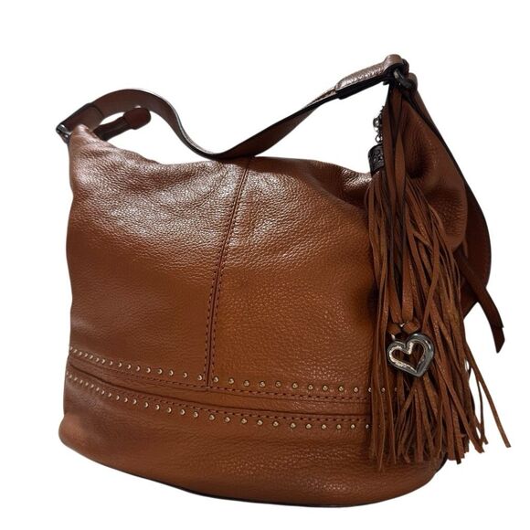 Brighton Handbags - Vintage Brighton Jake Caramel Brown Leather Studded Tassel Hobo Shoulder Bag